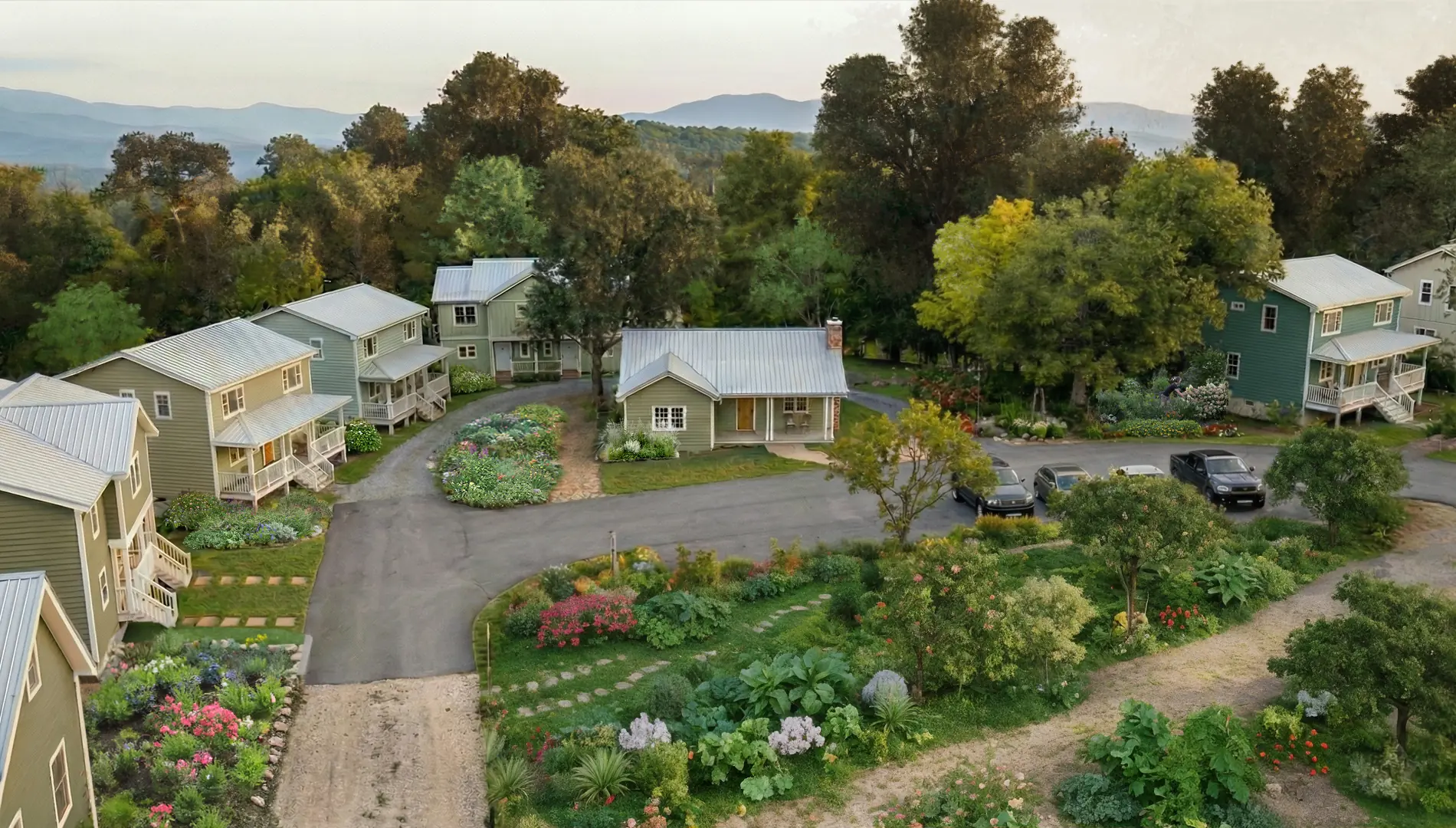 Artistic rendering of Terra Futura homes, gardens, and mountain landscape