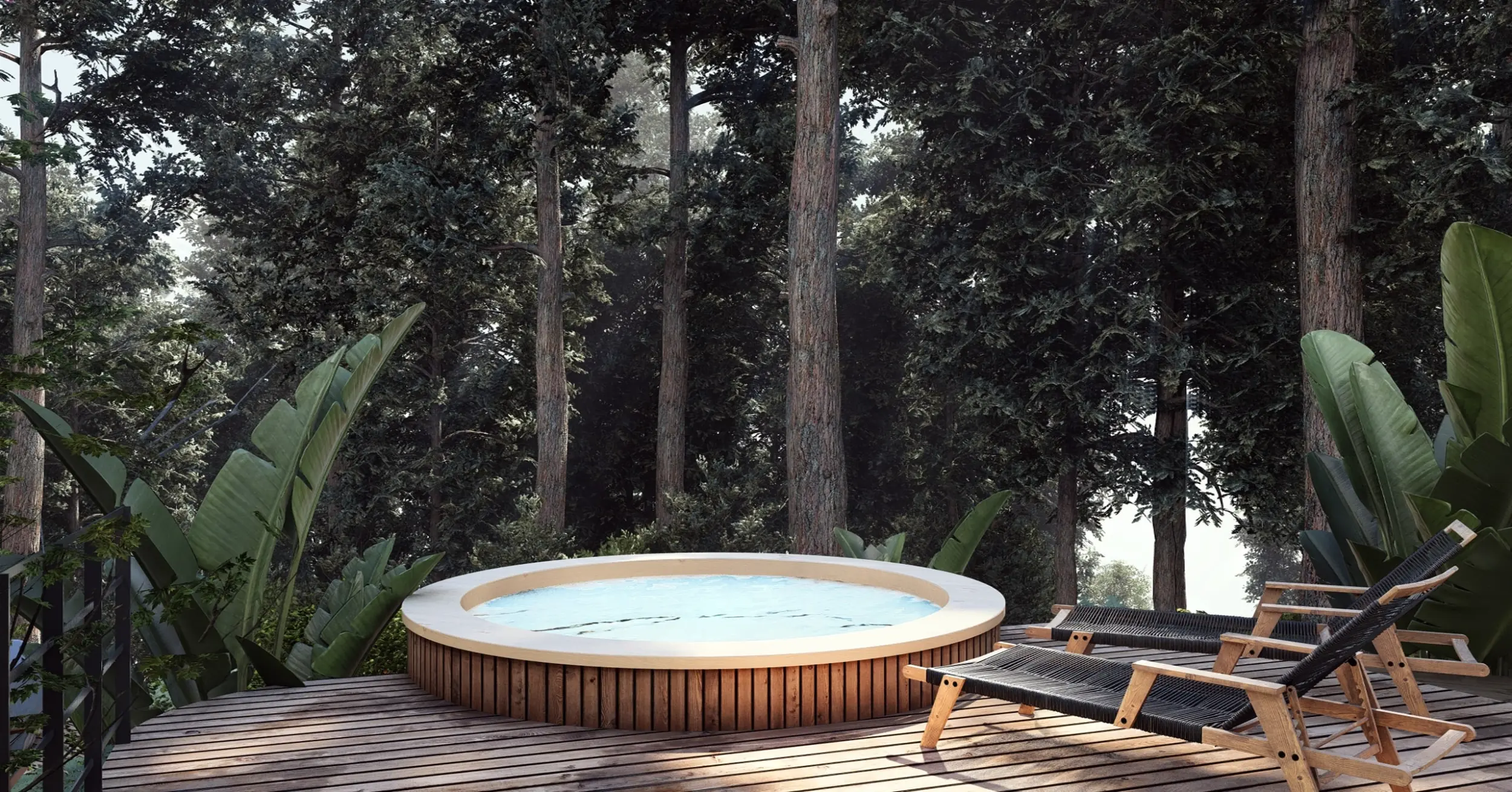 Hot tub and lounge chairs among trees