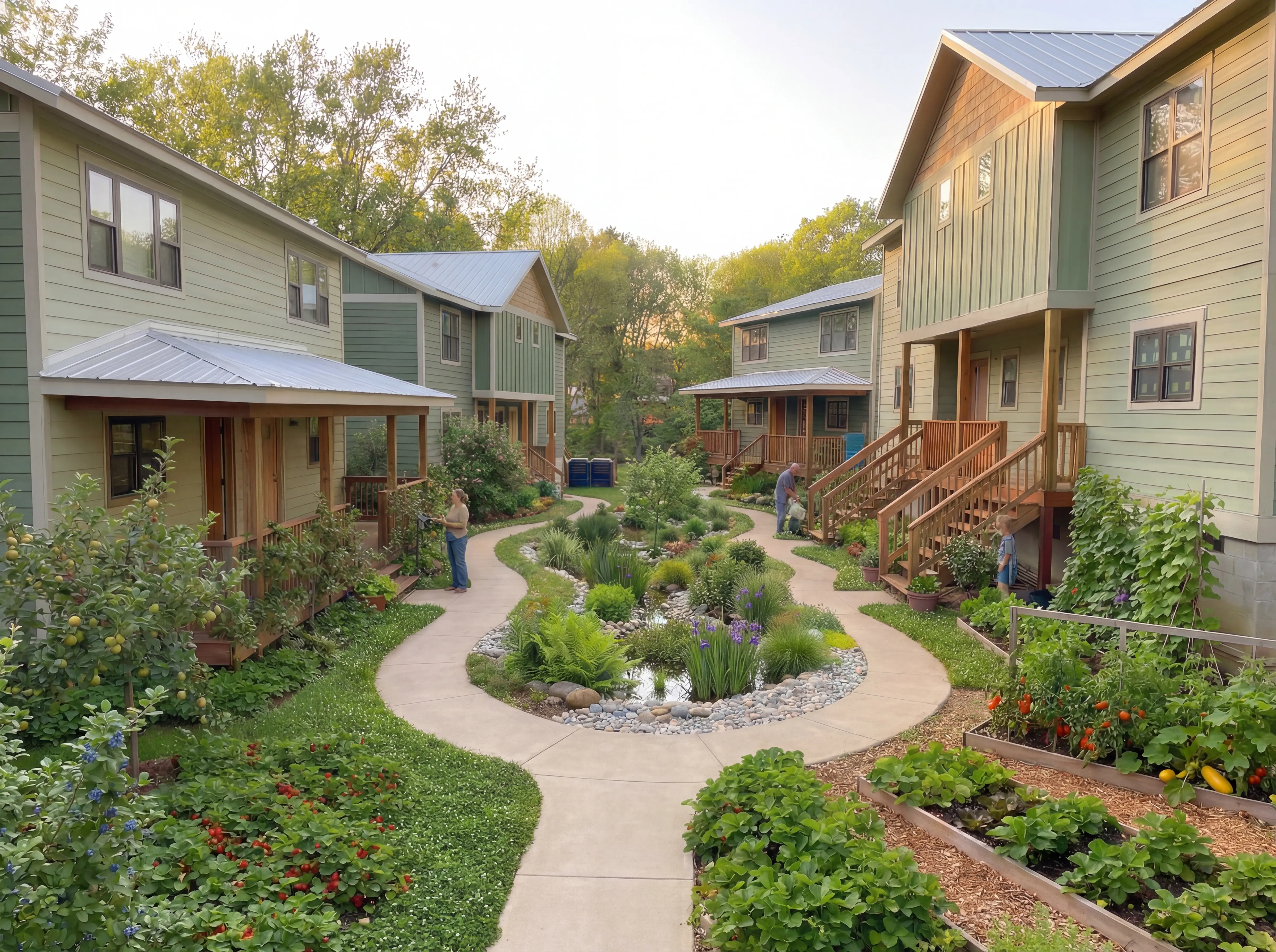 Terra Futura homes surrounding shared gardens and walking paths